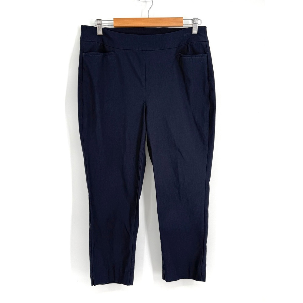 Chicos Navy Blue Pull On Crop Pants Sz 2 US 12 Slim‎ Leg Stretch Ponte Slit Hem